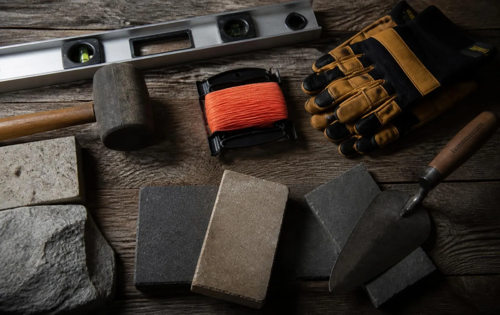 Masonry and landscaping hand tools laid out on a workbench