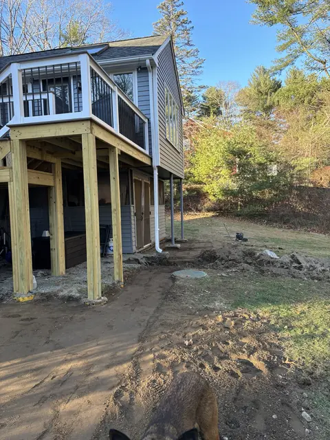 Stamped Paver Patio & Deck Combination in Norfolk, MA by LD Landscape & Construction — photo 1